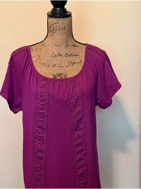 St. John's Bay Purple Scoop-Neck Crochet-Trim Short Sleeve Top